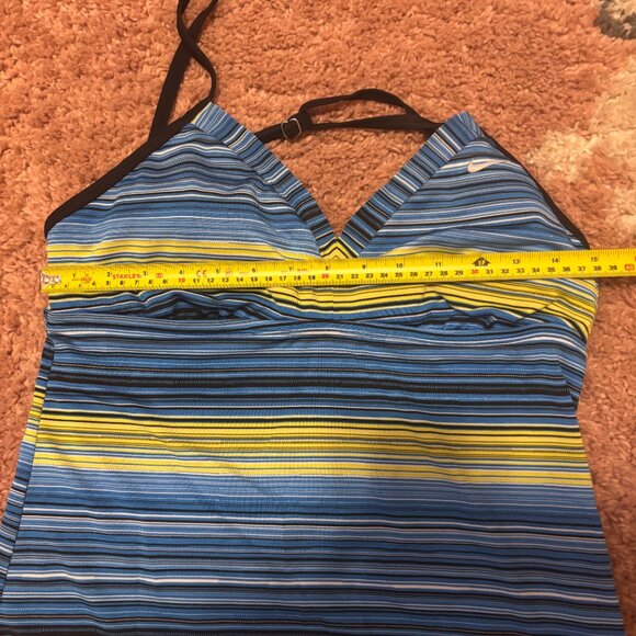 Nike Women Swimwear M/10 Blue Green Striped Tankini Cropped Swoosh Logo V Neck - Picture 5 of 6